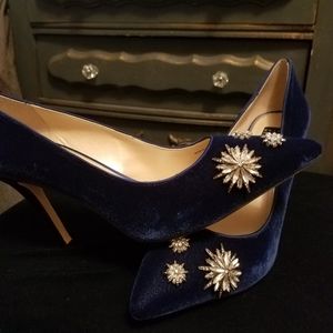 WHBM Blue Velvet Pumps with rhinestone accents